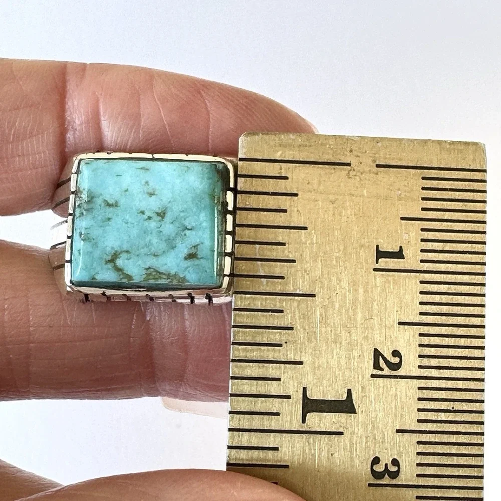 Navajo Turquoise Mens Ring Sz 12 Rectangle Signed Jack Sterling 14mm‎